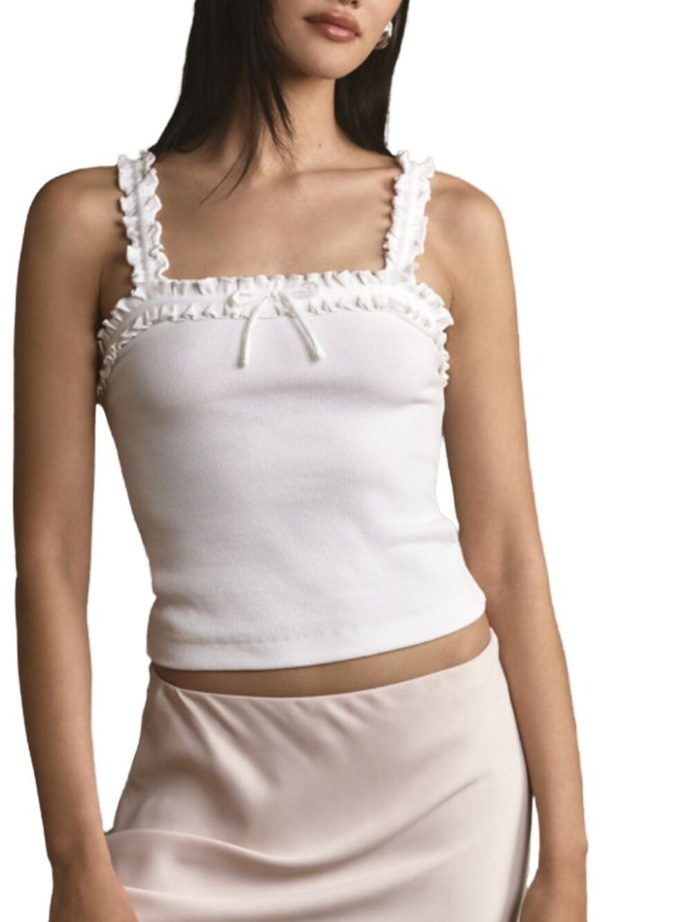 MAEVE by Anthropologie Ruffled Bow-Front Ribbed White Cami Top Size XL